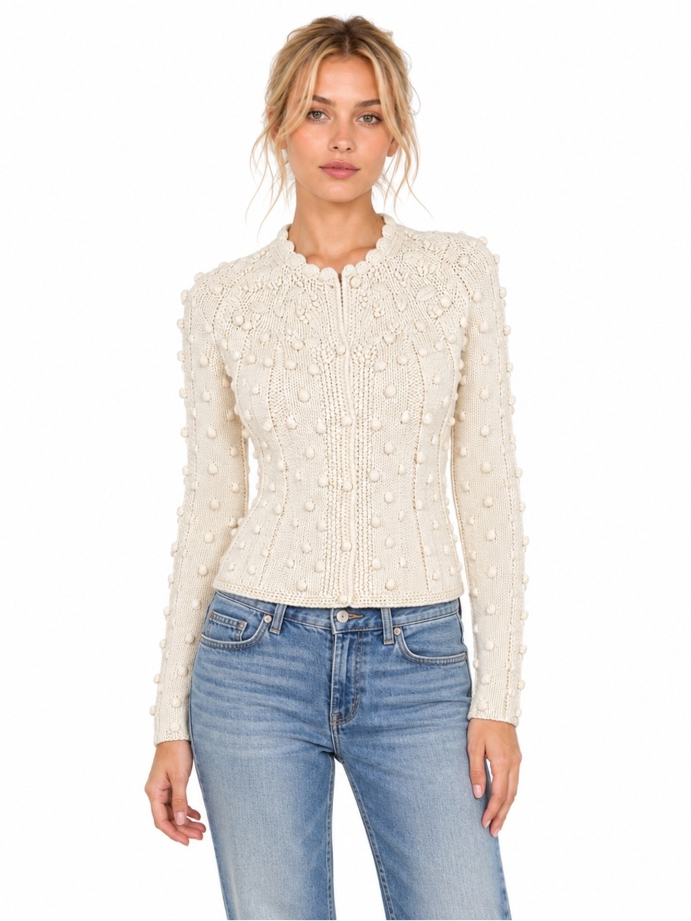 Hunter Bell Ivory Bubble Wool Knit Cardigan Sweater Soft Cottage Womens size XS
